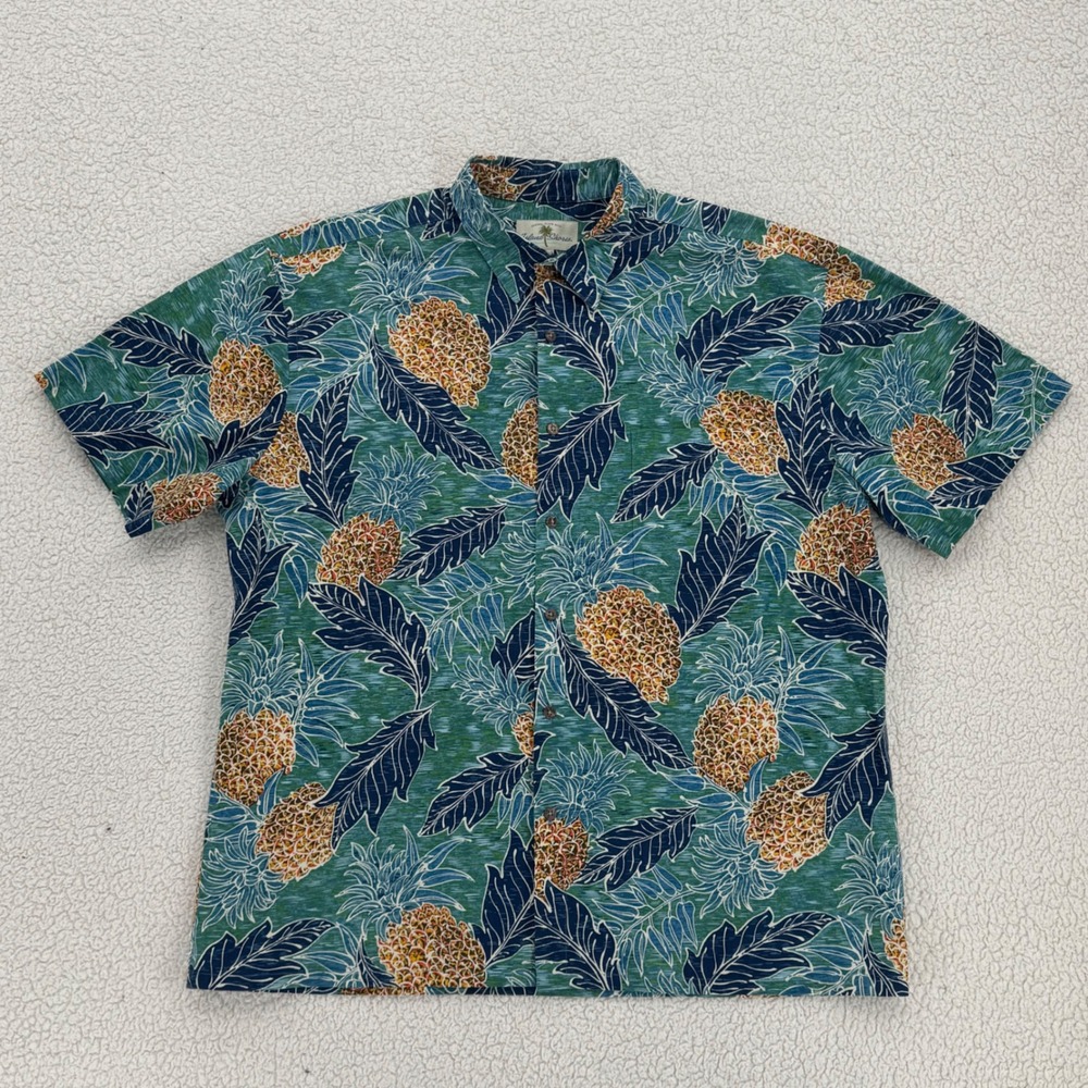 Island Shores Hawaiian Shirt Men Size XL Green Blue Short Sleeve Button Up